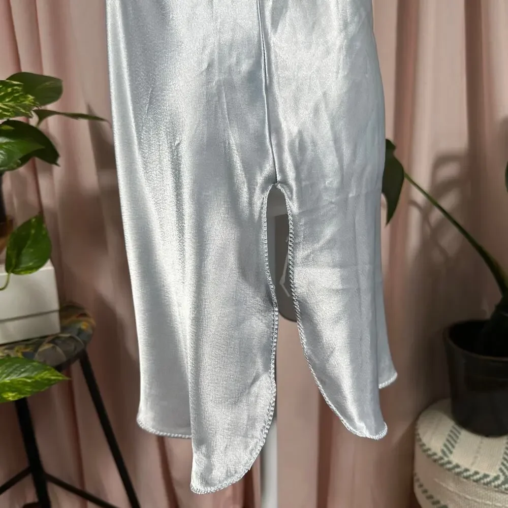 Kirsten Grey Vintage Baby Blue Satin‎ Chemise Slip Dress Lace Small USA Made